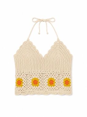 Aerie Crochet V-Neck Halter Tank Top - White with Yellow Floral Accents